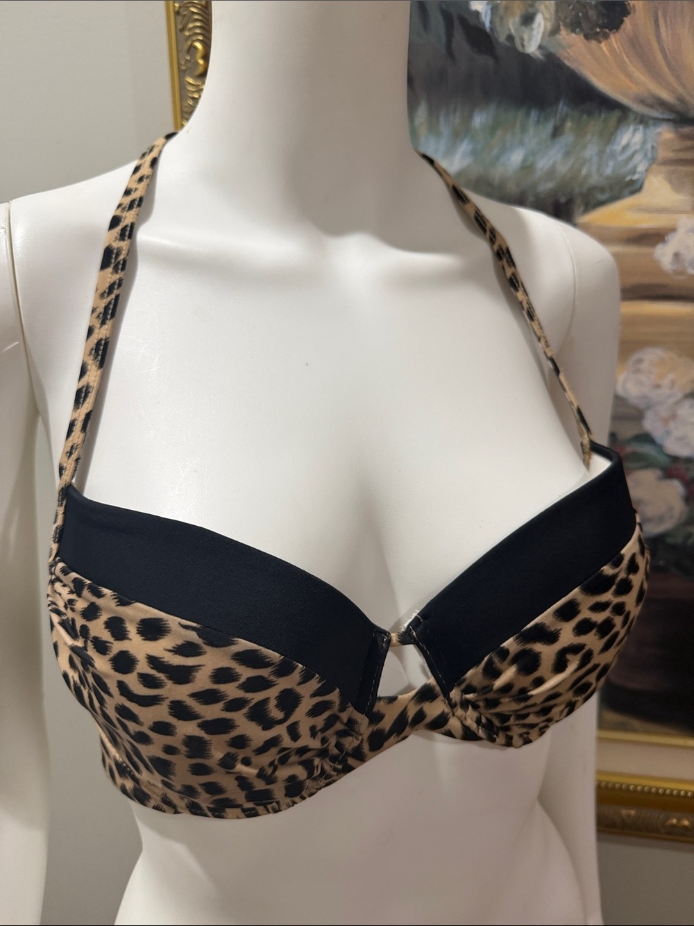 2/$28 Victoria’s Secret Leopard Push-Up Bikini Top 32D Halter Gold Hardware - Picture 2 of 9